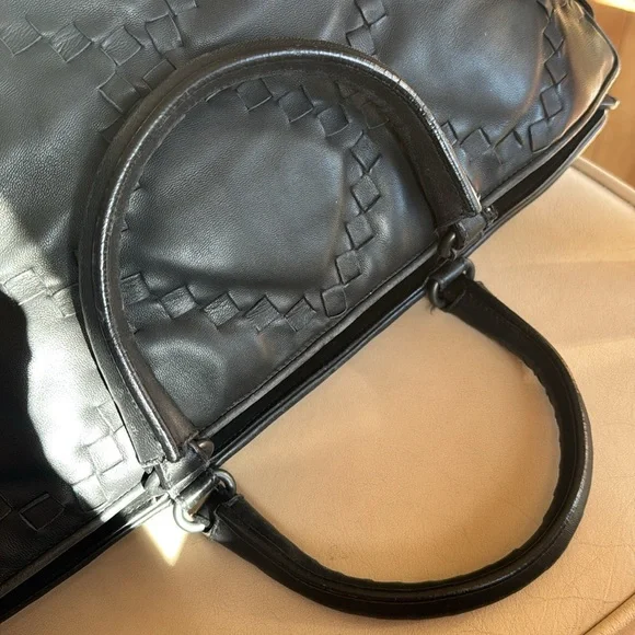 BOTTEGA VENETA Padded Black Intrecciato-Trimmed Leather Satchel. RT $ 3998. - Picture 7 of 16